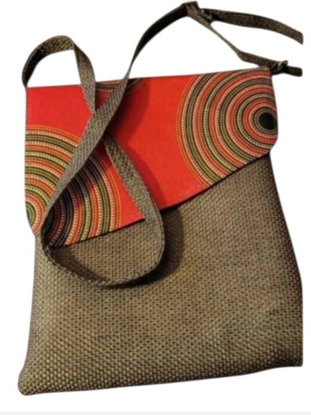 Textured Olive-Brown Crossbody with Orange Patterned Flap